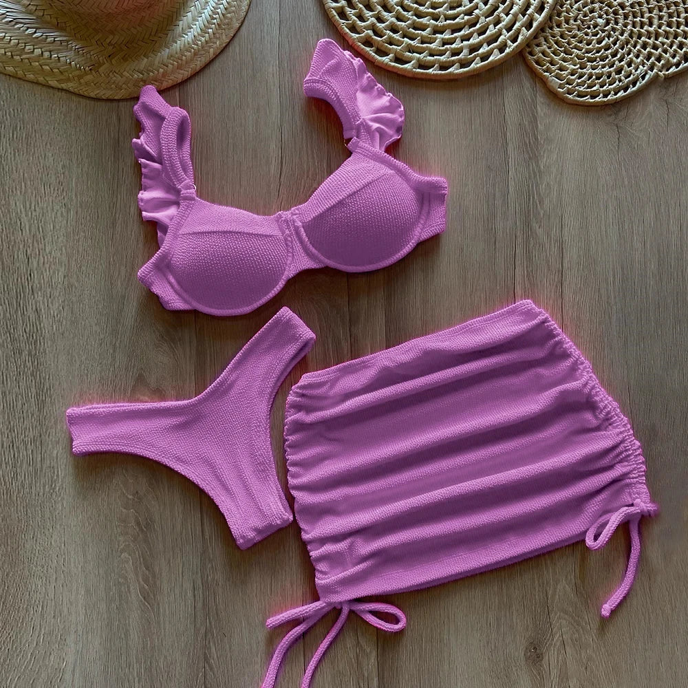 Solid Wavy Fabric Low Waist Bikini Set Cover Up Swimsuit For Women Push Up Ruffle Three Pieces Swimwear Beach Bathing Suits