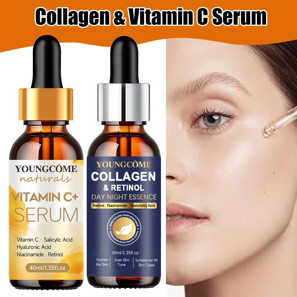 NEW 2PCS Set Korean Collagen Face Serum Wrinkle Remover Face Serum Lifting Firming Fade Fine Lines Anti-aging Essence Whitening Brighten Asiatica Skin Care Products
