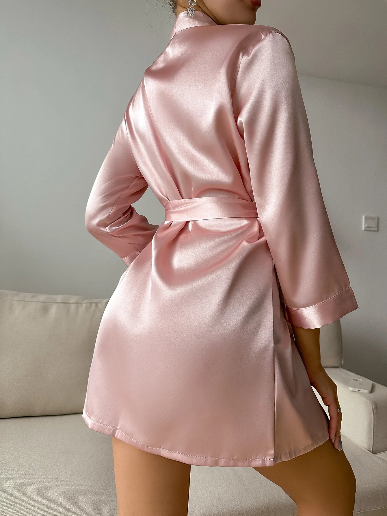 Pajamas women summer European and American ladies lace-up bathrobe sexy morning gown home dress can wear ice silk robe