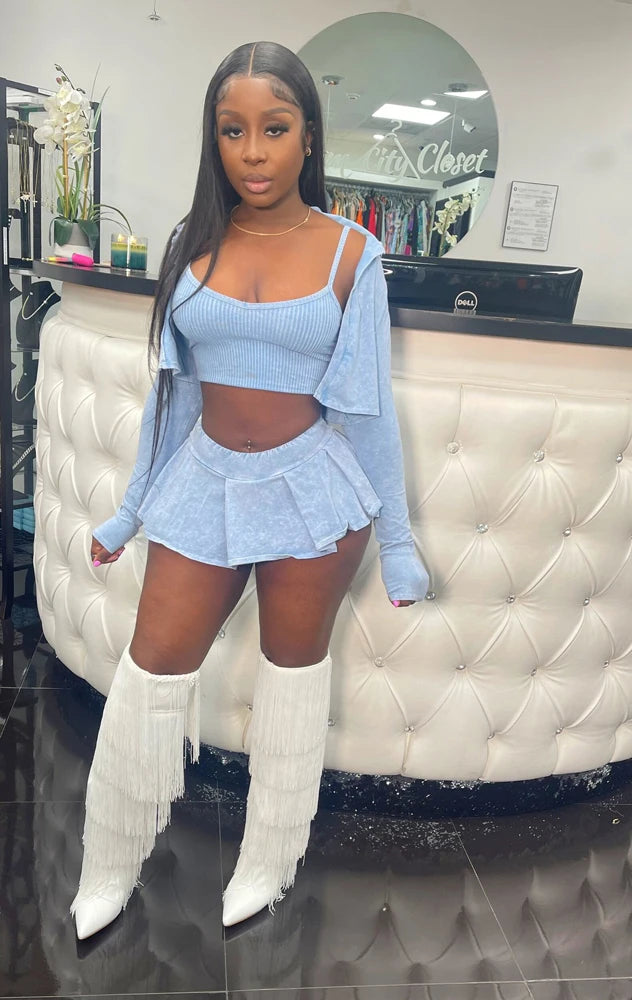 NEW Arrivals 3PCS Set S-2XL Size Black/Sky Blue/Orange/Pink Color Spring Summer Women Sexy Clothing Street Club Hot Outfits Sexy Skirts Evening Beach Rave Party Night Club Pleated Mini Skirt Set