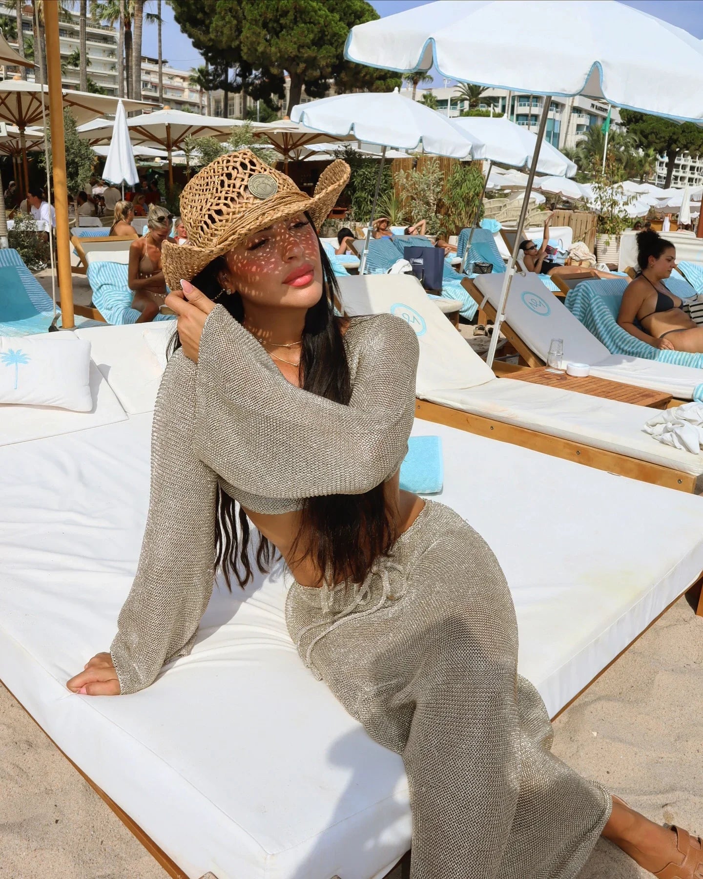 NEW 2PCS Set White/Khaki Solid Color UK Size Sexy Beachwear Swimsuit Cover Up Knit Summer Women's Big Bell Sleeve Lace-Up Top Long Skirt Set K128