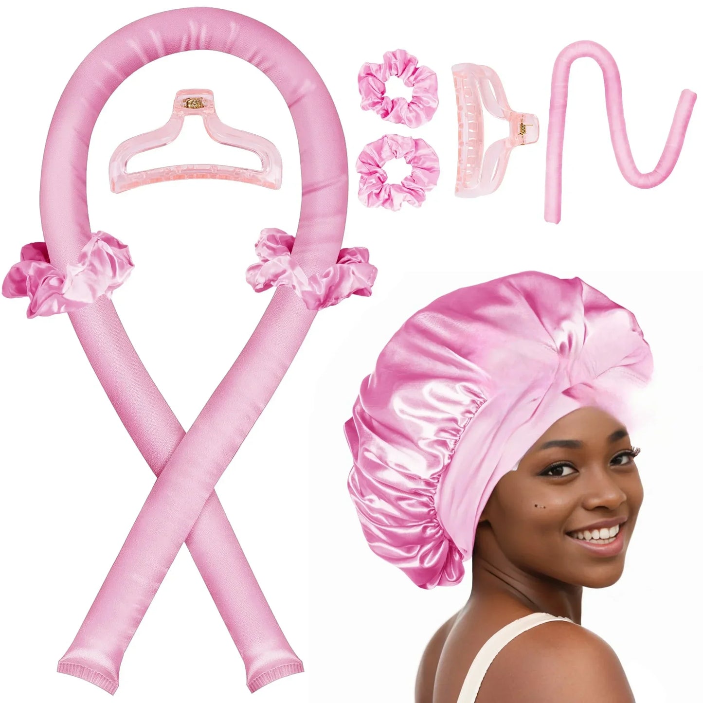 NEW Arrivals 2PCS Set Wine Red/Pink/Black Heatless Curling Rod Set Satin Nightcap for Women No Heat Hair Rollers Sleeping Soft Headband Styling Tool Lazy Curls Ladies Hair Care Accessories