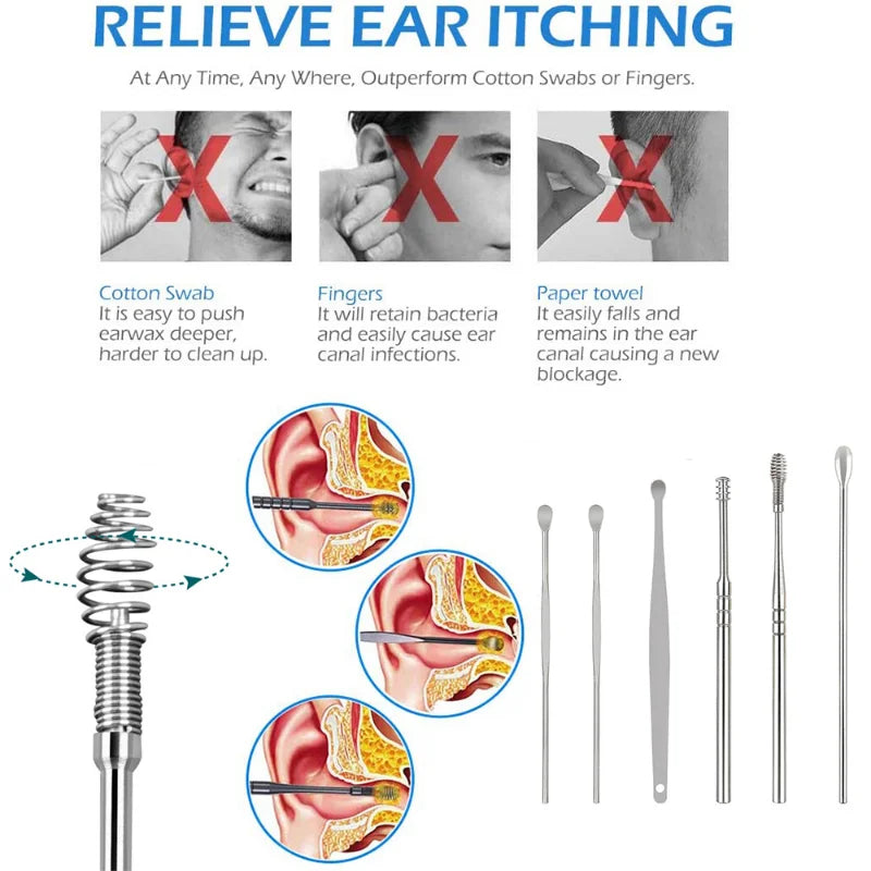 NEW Arrivals 6PCS Tube Stainless Steel Earpick Ear Cleaner Spoon Ear Care Cleaning Tool Ear Wax Removal Kit Ear Pick Vax Remover Clean Medical Accessories Hygiene Health Care Supplies