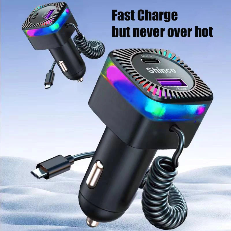 280W USB C Car Charger Adapter with Spring Cable Colorful Light PD 30W 3 in 1 Super Fast Charging for Macbook Samsung iPhone