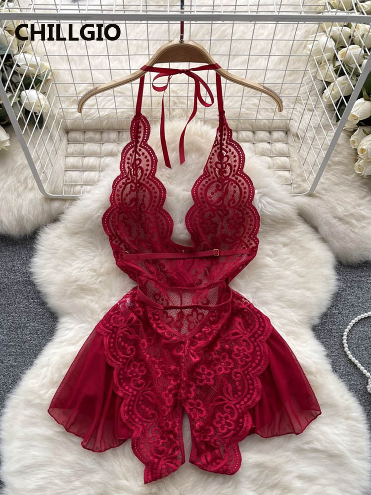CHILLGIO Women Sexy One Piece Floral Lace Bodysuits Sexual Club Rompers Hollow Transparent Jumpsuits Erotic Combination Catsuits
