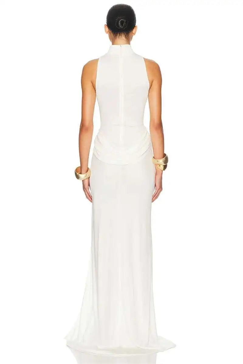 White Black Color UK Size Turtleneck Off-Shoulder Sleeveless Thigh Split High Waist Pleated Maxi Dress For Women Elegant Fashion Club Party Dress