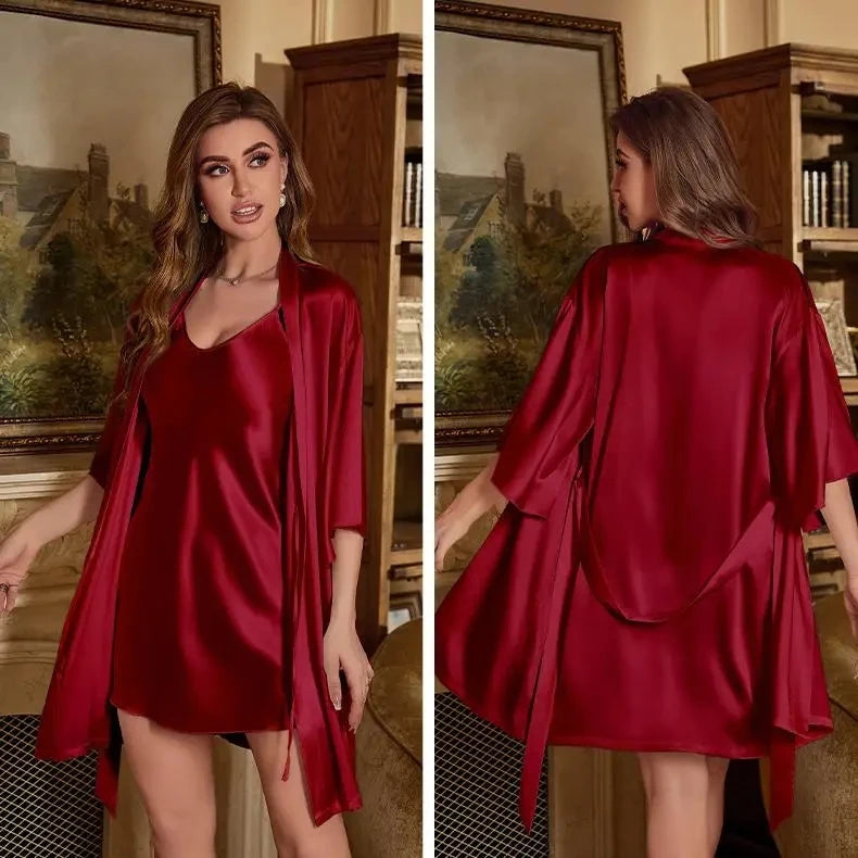 2PCS Set Pink/Black/Wine Red Luxury Robe Pink/Black/Red Suit Women Rayon Sexy Bathrobe Gown Sleepwear Summer Home Wear Sleep Dress Casual Kimono Sleepwear Nightgown Ladies Luxury Lingerie Underwear Fashion Clothing Supplies