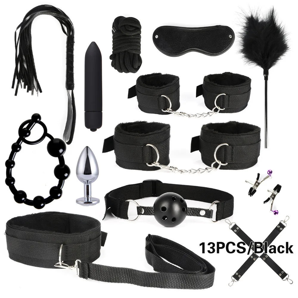 SexLove Set Kits Adults Sex Toys for Women Men Handcuffs Nipple Clamps Whip Spanking Sex Metal Anal Plug Vibrator Butt