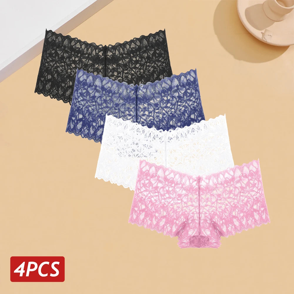 NEW Arrivals 4PCS Set Women Sexy Floral Lace Panties Sexy Perspective Underwear V Waist Solid Color Underpants Female Breathable Intimates Lingerie Sets