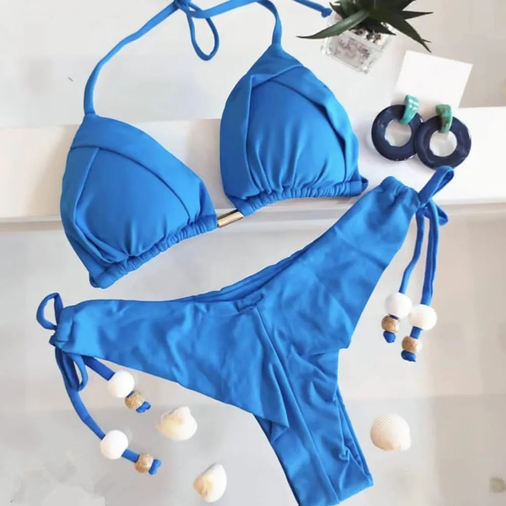 New Sexy Triangle Bathing Suit for Women Brazilian Bikinis Halter Swimwear Push Up Swimsuit Metal Chain Beach Bikini Set