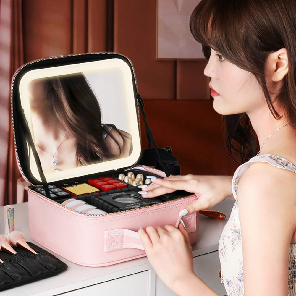 Smart LED Cosmetic Case with Mirror Beauty Bag Portable Large Capacity Fashion Simple PU Leather Casual for Weekend Vacation