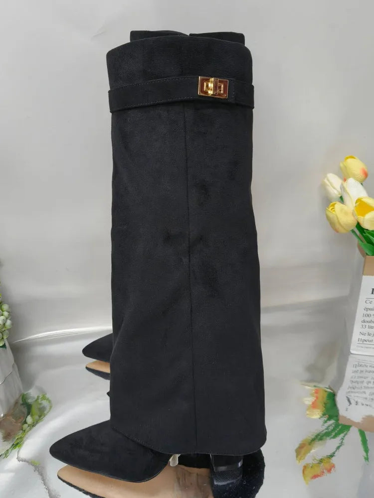 NEW Arrivals UK Big Size 6 Colors Autumn and Winter New Pointed Metal Buckle Knee High Women's Boots, Thick High-Heeled Pants Boots, Fashionable Mid Leg Boots