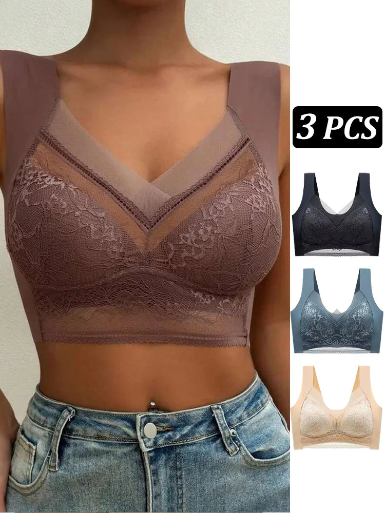 NEW Arrivals 3PCS Set L-(45-50KG) 5XL(100KG) Women Lace Bra Bralette Push Up Perspective Ice Silk Deep V Bra Sexy Lingerie Tops Plus Size Cup Mom's Underwear Chubby Ladies Underwear