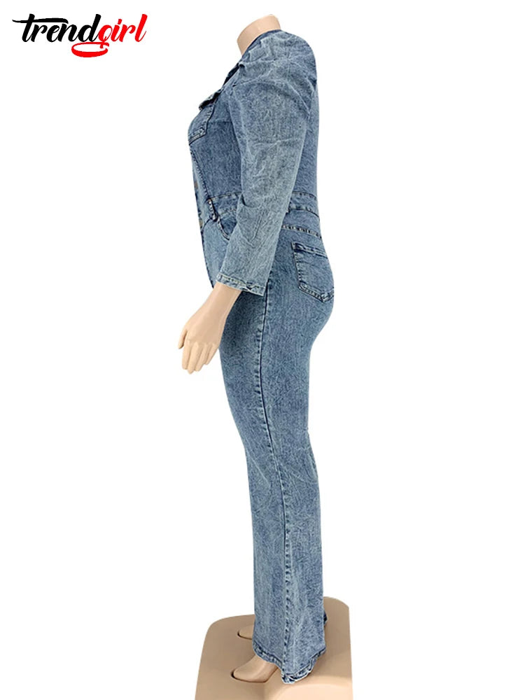Trendgirl Oversize Long Sleeve Jumpsuit Women Denim Wash Fashion Loose One Piece Flared Pants Jeans Streetwear Female Overalls