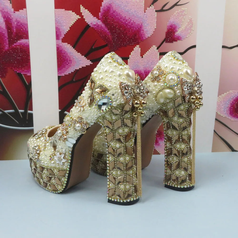 Italian Fashion Champagne Gold Wedding Shoes and Bag Set Woman 14cm High Pumps Thick Heel Evening Party Night Business Shoes Matching Bag Round Toe Pumps Ladies Luxury Fashion Apparel Accessories Clothing Supplies