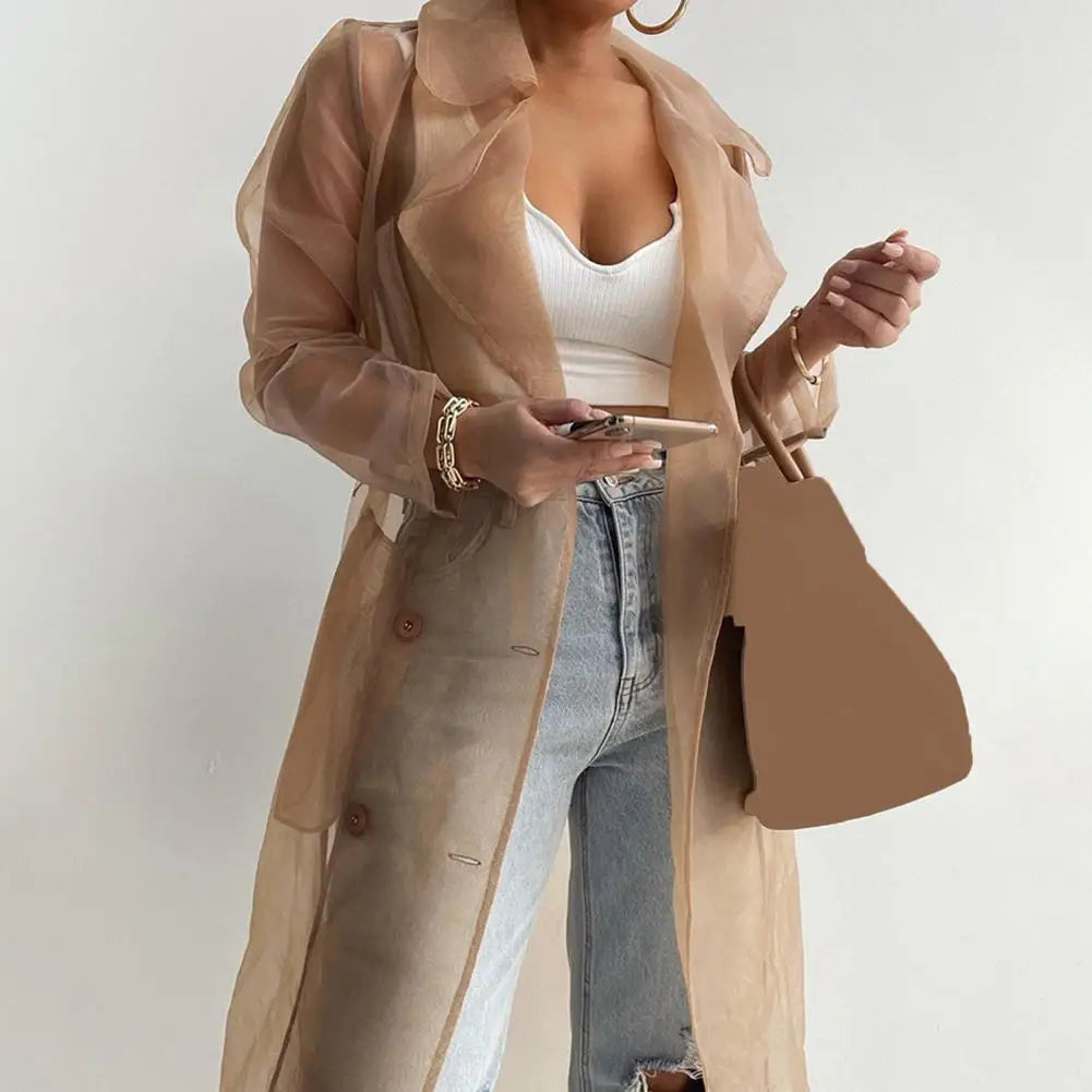 NEW Arrivals Black/White/Coffee Spring Italian Fashion Women Mesh Jacket Puff Sleeve Sunscreen Shirt Net Yarn See Through Spring Summer Lace-Up Long Shirt Thin Coat