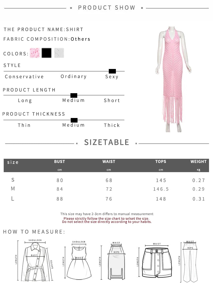 NEW Arrivals Black/White/Pink UK Size Super Sexy Halter Plaid Crochet Women See Through Maxi Dress Classic Low Neck Backless Sheath Long Gown Tassel Elegant Evening Beach Party Night Club Outfit