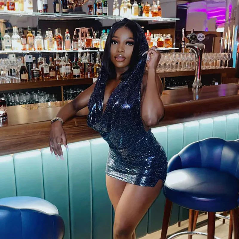 BRAND NEW Shiny Sexy Hooded Halter Neck Black Dress New Spring Summer Women Clothes Backless Night Club Outfit Party Bodycon Dress Evening Beach Party Dress