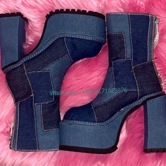 Denim Platform Chunky High Heel Blue Zip Boots Women Round Toe Cute Ankle Booties Lady Dress New Shoes 2022 New zapatillas mujer