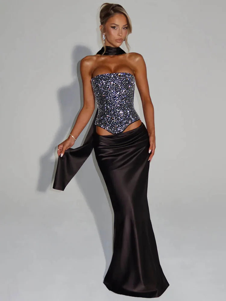 NEW White/Black Color UK Size Sequins Sexy Dress Set Women Sparkle Scarf Collar Crop Tops And Maxi Skirt Elegant Club Party Satin Skirt Matching Set Ladies Sexy Fashion Clothing Supplies