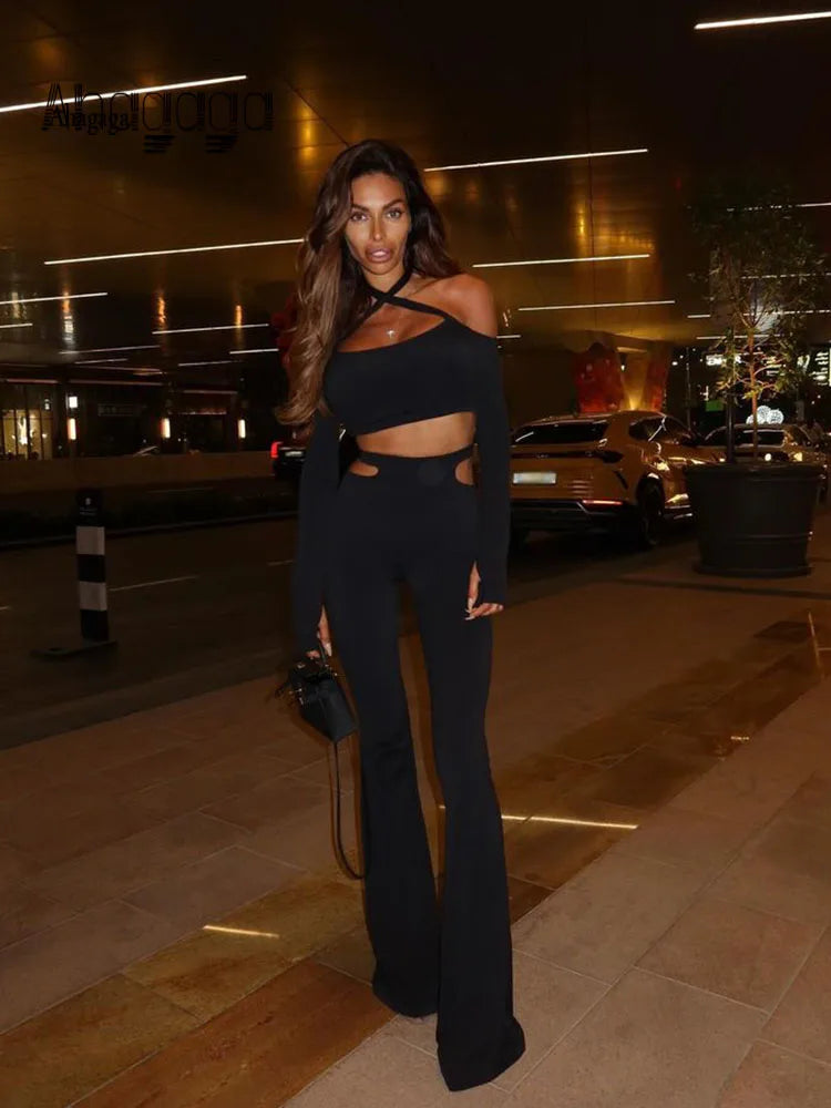 NEW Arrivals 2PCS Set Black/White Tops + Pants Italian Fashion Sexy Sheath Women's Suits Sets Solid Hollow Out Slim Fit Tracksuits Long Sleeves Slash Neck Ladies Girls Casual Fashion Clothing Supplies