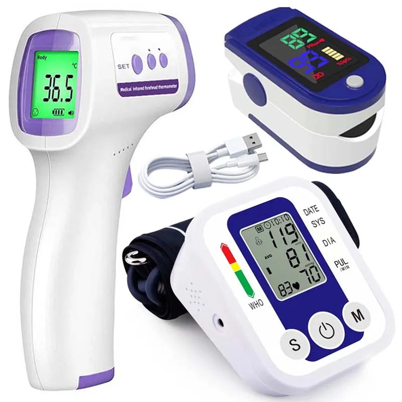 NEW 3PCS Set LCD Portable Health Care Pulse Meter BP Monitor Automatic Digital Arm Blood Pressure Monitor Tonometer Meter Sphygmomanometer Health Care Supplies