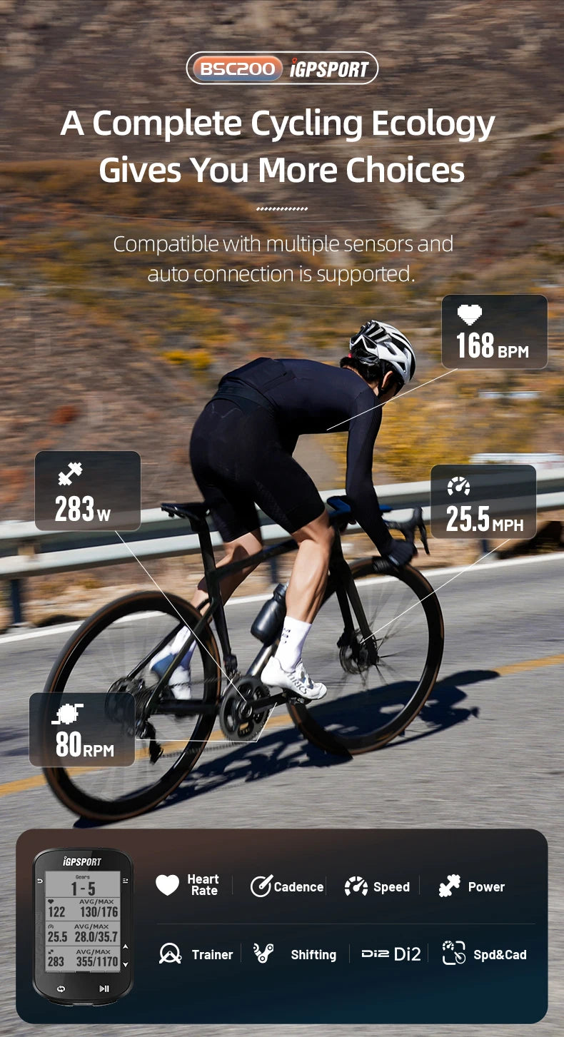 NEW Arrivals BSC200 GPS Bicycle Computer with Holder Set Cycling Odometer Wireless Speedometer Route Navigation ANT + Bluetooth5.0 Bikes Parts Accessories Sports Supplies