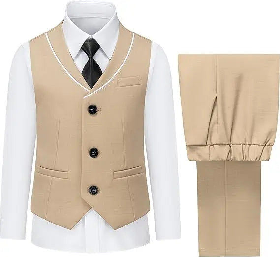 3 PCS Set 10 Colors Boys Kids Vest and Pants Set + Tie + Bowtie Formal Dress Suit Teen Boy Wedding Guest Evening Birthday Party Communion Outfit Kids Piano Host Performance Costume