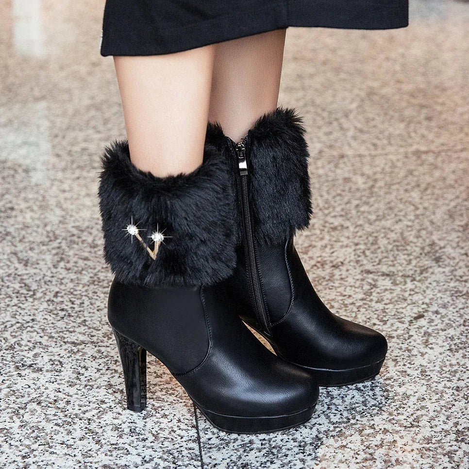 NEW Arrivals Luxury Snow Raccoon Fur Boots Women Autumn Winter New Fur Round Head Zipper Crystal Thick Heel High Heels Short Tube Boats Ladies Shoes Size 35-43 White/Black/Pink