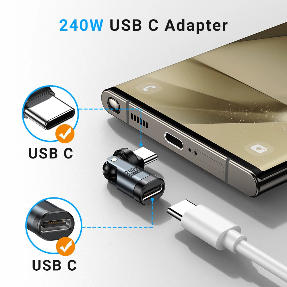 NEW PD240W USB C to Type C OTG Adapter 540 Rotation 5A Fast Charge Cable Converter for iPhone 16 MacBook Samsung Xiaomi Laptops Electronic Supplies