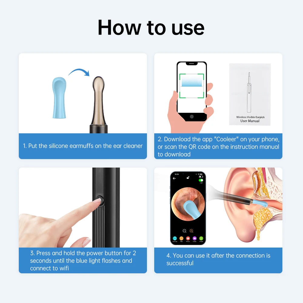 Wireless Smart Visual Ear Cleaner With Camera and APP Connection 6 LED Lights 3.0mm Lens Ear Wax Removal Endoscope Otoscope Type C Charging Tool Health Care Ear Cleaner Kit