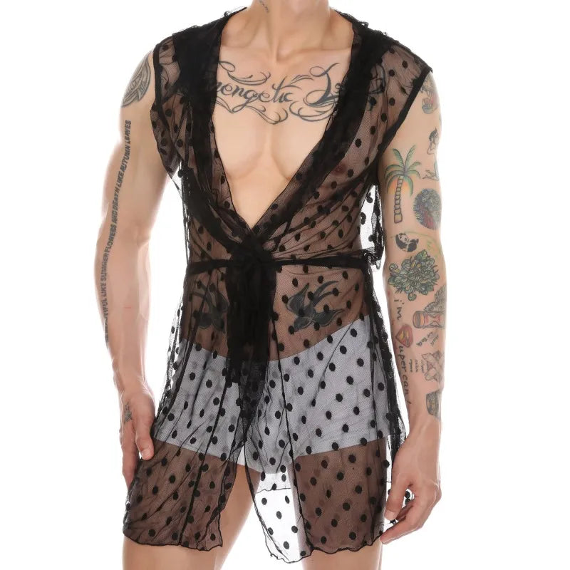 Lingerie Men Lace Hooded Night Robe Nightshirts Exotic See Through Slip Homme Hoodies Bathrobes Gay Nightrobe Robes Nightwear