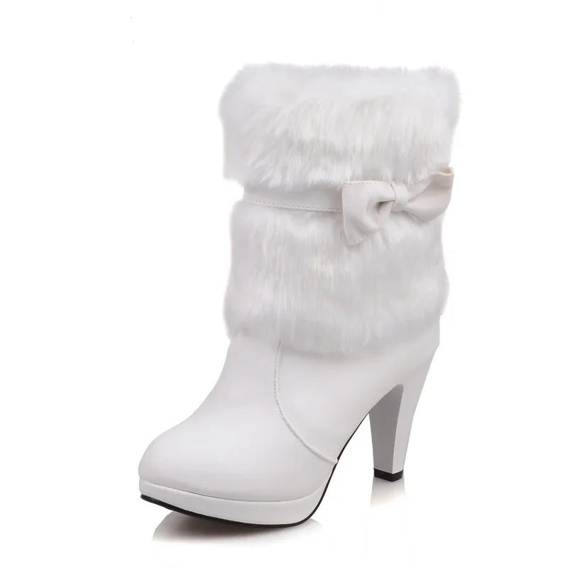 Brand NEW Black/White/Pink Luxury Women Boots Autumn Winter Warm Fur New Sexy Fashion PU Leather Mid-Calf Motorcycle Snow Boots High-Heeled Shoes 369