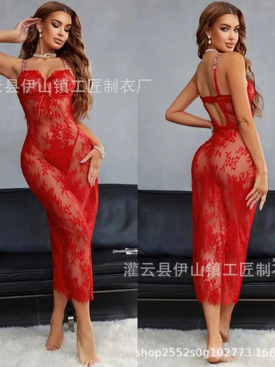 New 4 Colors Sexy Lace Mesh Flower Embroidery Backless Deep V Suspenders Sleeveless Long Dress Women's Thin Pure Desire Casual Style GUT0