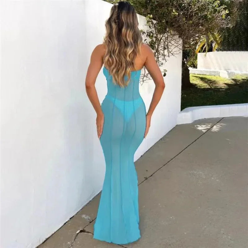 NEW 3 Colors Summer Women Mesh Wrapped Chest Dress Sexy See Through Cut Out Slim Coquette Vacation Beach Style Girls Evening Party Night Clubwear Beach Bar Sexy Dress
