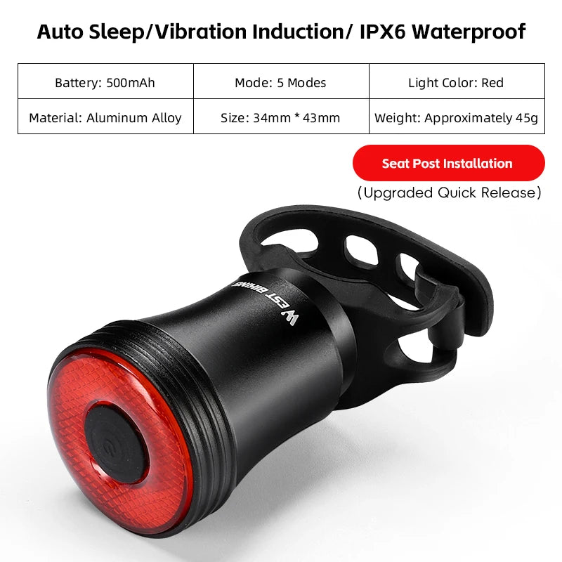 NEW 500mAH Bike Smart Induction Taillight Bright LED Lamp Beads Rear Light MTB Road Bike Waterproof Aluminum Alloy Tail Light Bicycle Lighting Accessories Sports Supplies