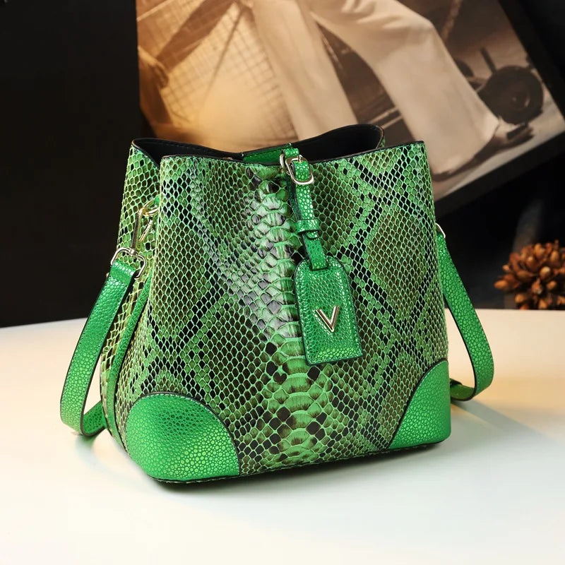 New Fashion Serpentine Women Handbag European Designer Cow Genuine Leather Shoulder Bag Female Brand Luxury Crossbody Bucket Bag