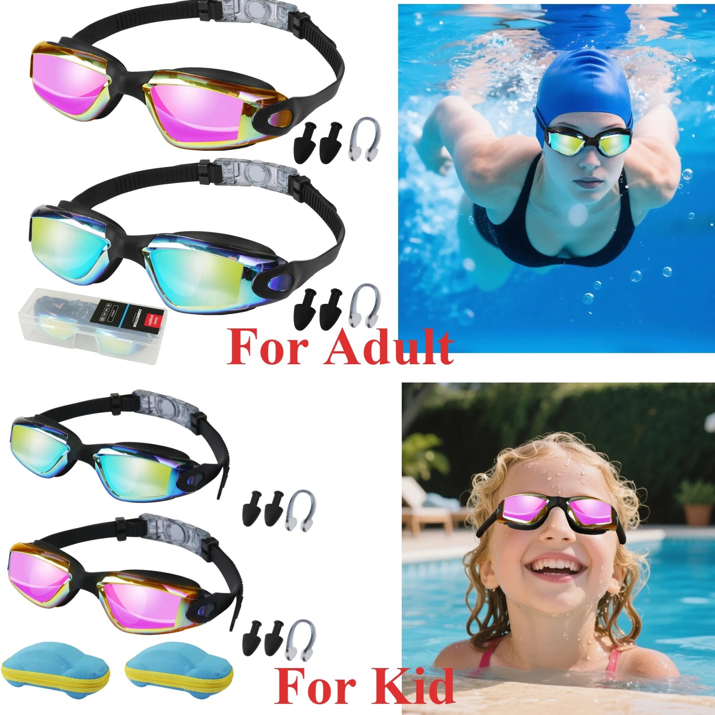2PCS Goggles Adults/Children Set + Earplugs No Leaking Anti Fog Professional Swimming Goggles Adjustable with Earplugs Storage Box Swimming Water Pool Glasses for Beach Swim Sports Adults Kids