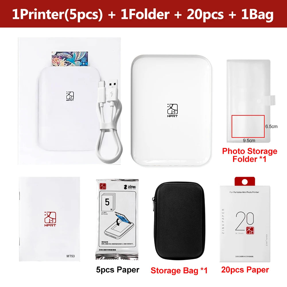 NEW Arrivals HPRT MT53 Color Photo Printer Set HD Portable Mini Bluetooth Maker Mobile Cell Phones Handheld Pocket Printing Machine 2x3 Inch Sticker Paper Set