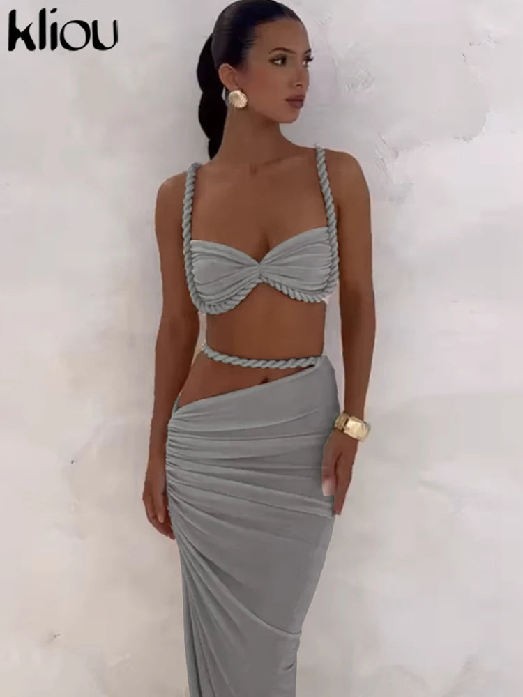 NIEW Arrivals Woven Sexy Women Stunning Hot Solid Pleated Crop Camisoles +High Waist Maxi Skirts Female Trend Vacation Outfit