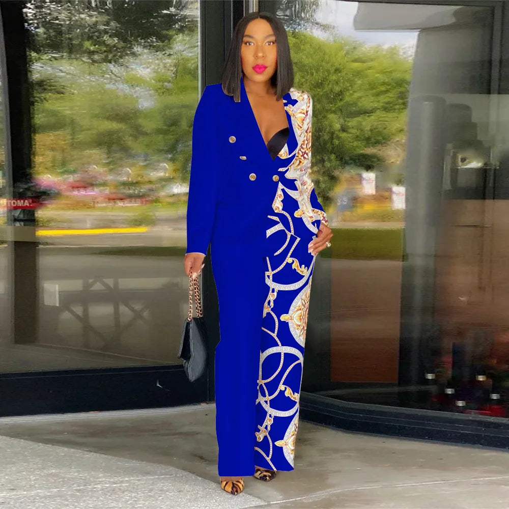 Women Formal Jacket & Trousers Office Lady Outfits Autumn Women Two Pieces Set Print Blazer Coat & Pants Suit Sets Female