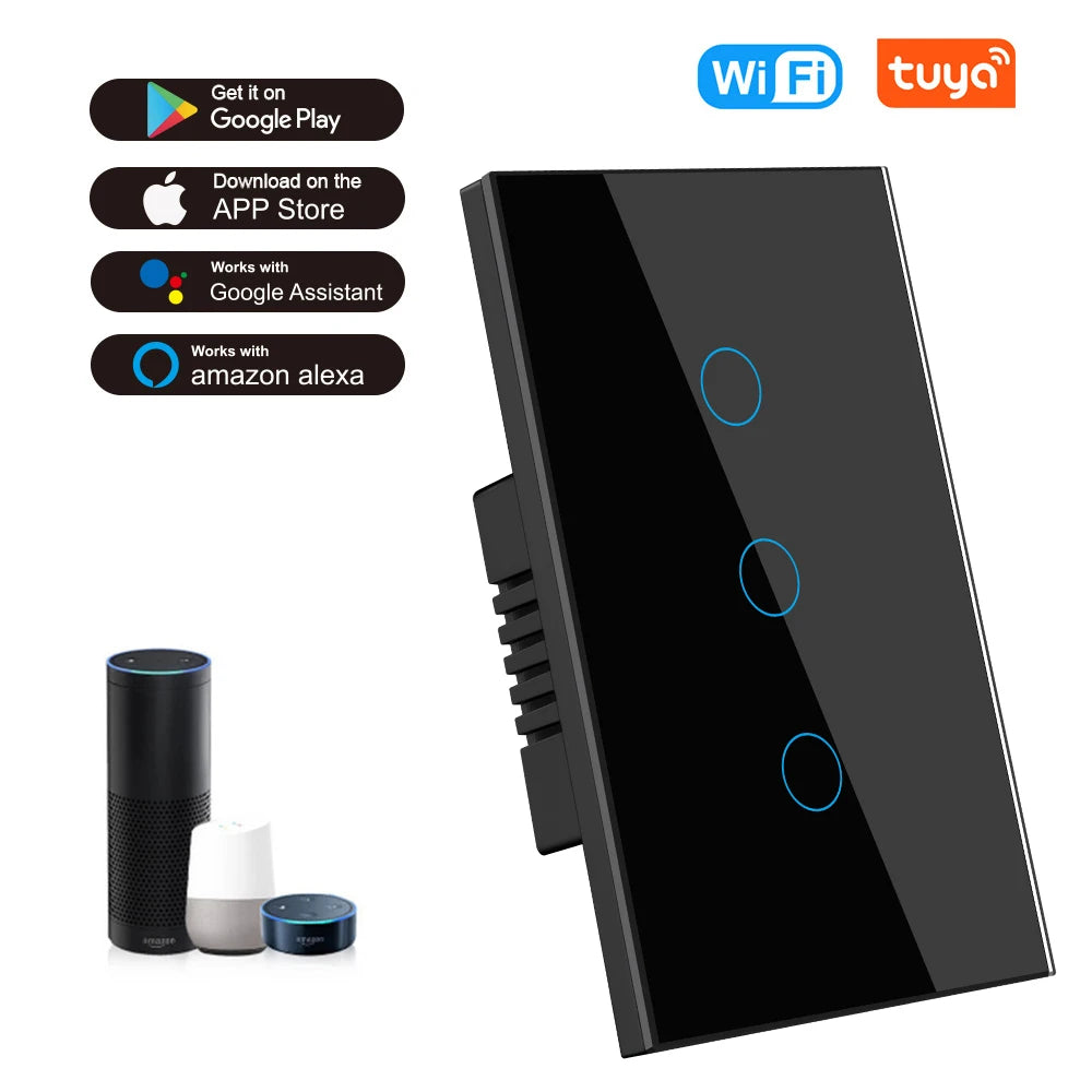 Tuya WiFi Smart Light Switch Neutral Wire Required Wall Touch Switch US Smart Life Work with Alexa Google Home 1/2/3/4 Gang