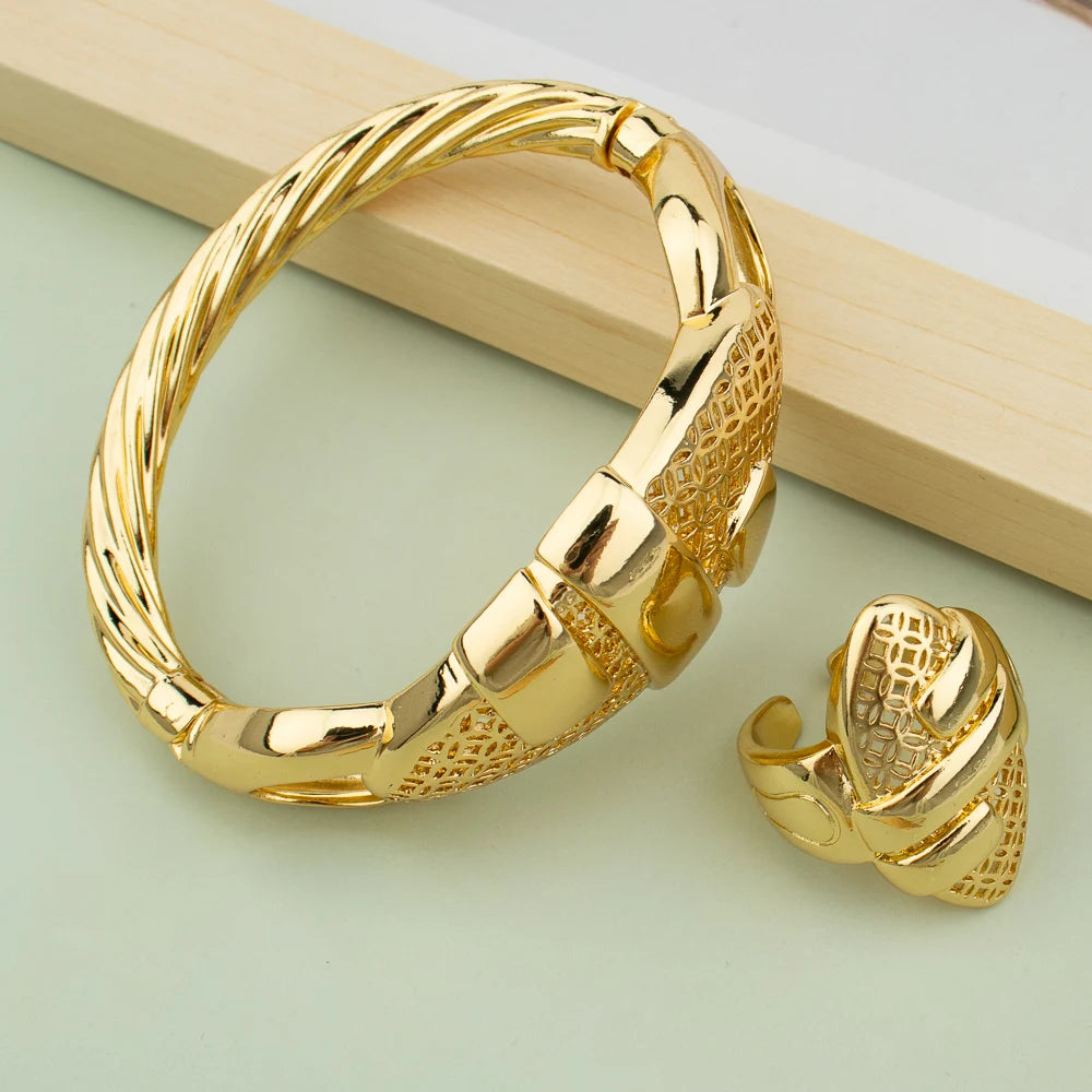 NEW 4PCS Set 18K Gold Plated Silver Cuff Bangle With Ring For Women Bracelet Jewelry Nigerian Wedding Party Gift Dubai Hollow Out Design Bracelet African Ladies Luxury Jewelry Sets