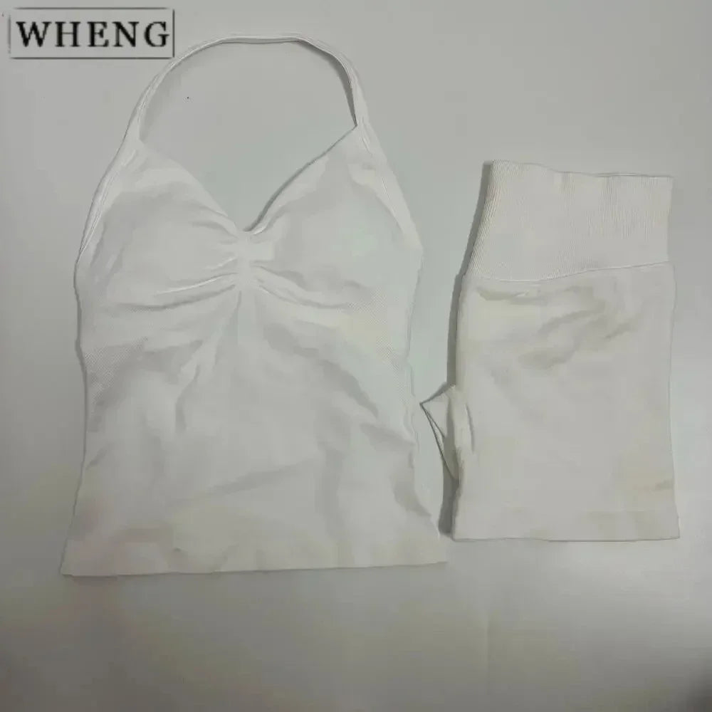 NEW Arrivals 2PCS Set 10 Colors Padded Sleeveless T-Shirt with Halter Collar Hip Pants Summer Sportswear Women Fitness Yoga Pilates Suit Outdoor Hiking Running Sports Clothes