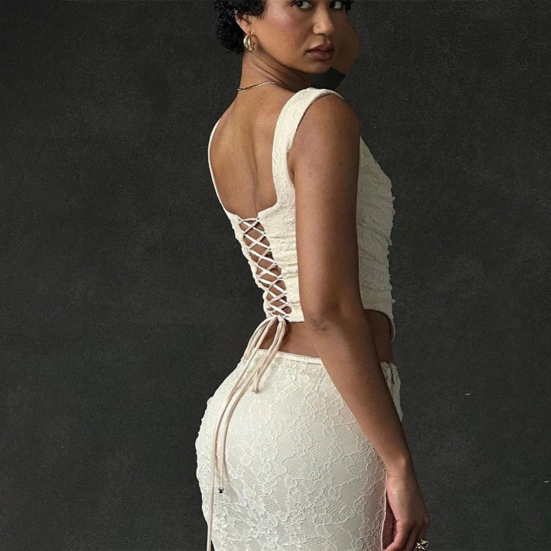 NEW Arrivals 2PCS Se Elegant Sexy Lace Women Irregular Long Skirt And Corset Top French Style Bodycon Dress Matching Sets Spring Summer Evening Party Night Club Ladies Suit