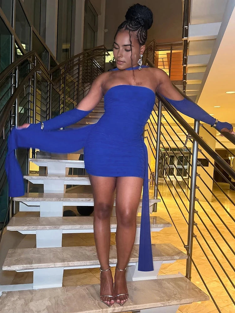 UK Size 6 Colors Summer Vacation Sexy See Through Dress + Shawl Women Ruched Side Ribbon Coquette Skinny Midnight Clubwear Party Bodycon