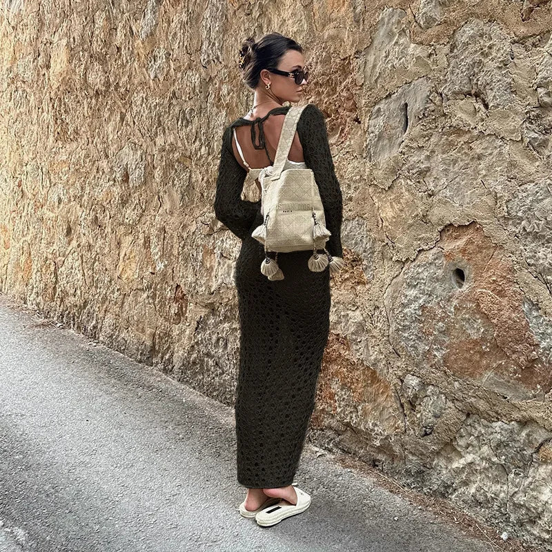 NEW Arrivals 3 Colors Crochet Maxi Dress Women Sexy Long Sleeve Hollow Out Backless Bikini Cover Ups for Swimwear Summer Holiday Bathing Suits