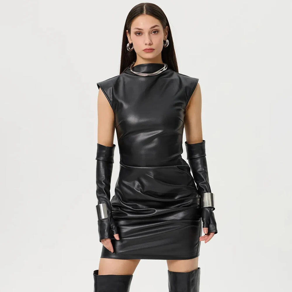 NEW Arrivals UK Size Skinny Leather Mini Dress Women Summer Sexy PU Leather Zipper Sleeveless Short Dress Solid Gloves Y2K Evening Party Night Club Dress