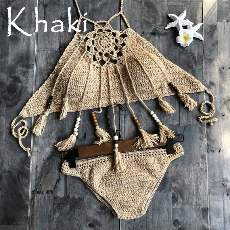 NEW Arrivals 7 Colors Handmade Women Knitted Swimwear Sexy Bikini 2PCS Set Swimsuit Female Push Up Brazilian Biquini Bathing Suit Thong Bather Bikini Set Girls Ladies Beachwear