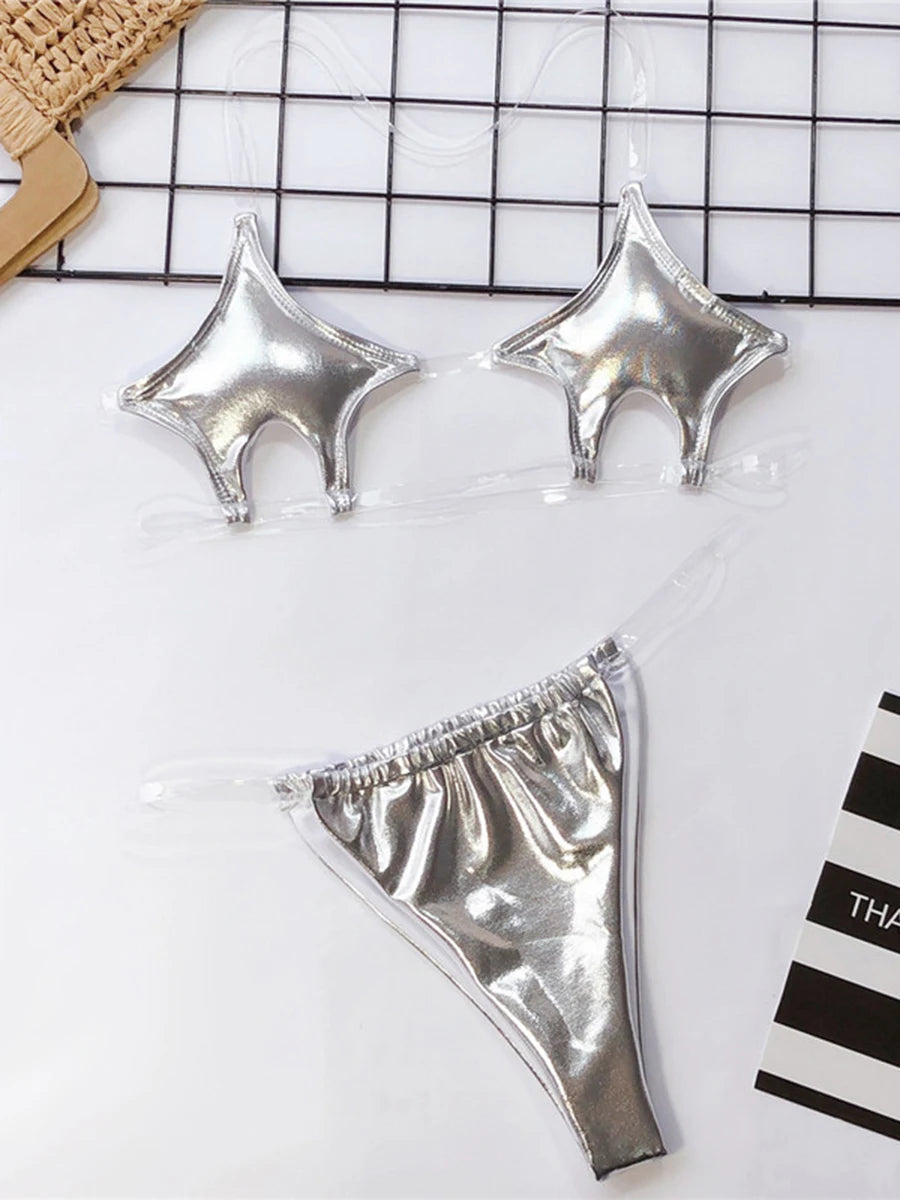 NEW Arrivals Pink/Rose/Silver Sexy Stars Micro Bikini 2025 Women Thong Swimwear Female Transparent Bandeau Swimsuit 2PCS Set Bikini Set Brazilian Bathing Suit Ladies Girls Sexy Beach Wear